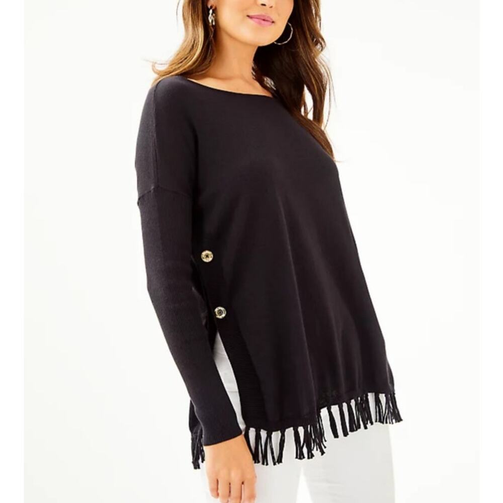 Lily Pulitzer Ramona Navy Cotton Blend Fringe Long Sleeve Sweater Women's XS